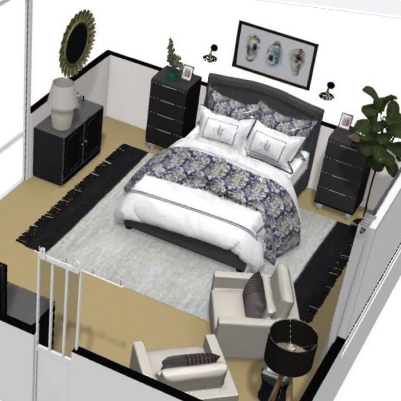 A 3D design concept rendering of a bedroom with a tufted headboard, patterned bedding and black nightstands